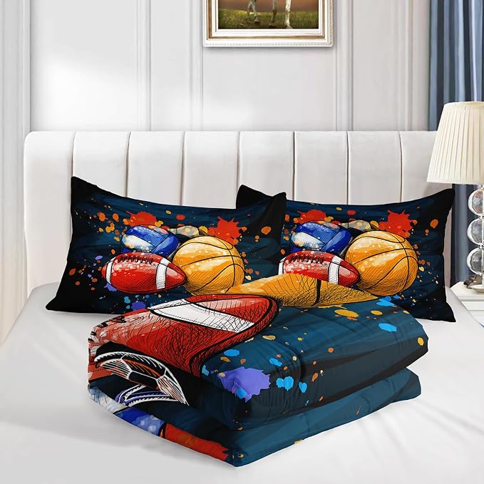Axolotl Ball Game Bedding Set King Size,3 Piece Basketball Volleyball Comforter Set,Cartoon Soccer Football Sports Bedding,Colorful Ball Sport Bed for Kids Boys Teens,1 Quilt 2 Pillowcases