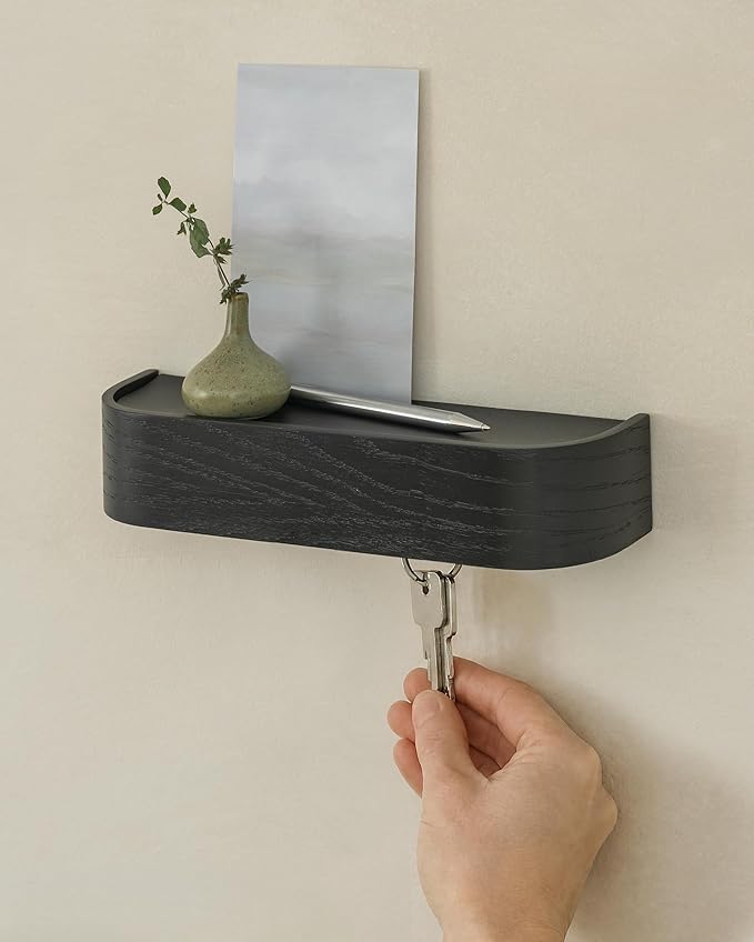 Kazai. Key Holder 'Toke' | Minimalist Key Hook Design from Berlin | Modern Key Holder Wall Mount with Wooden Shelf | Key Rack for Wall as Entryway Organizer | Oak, Black