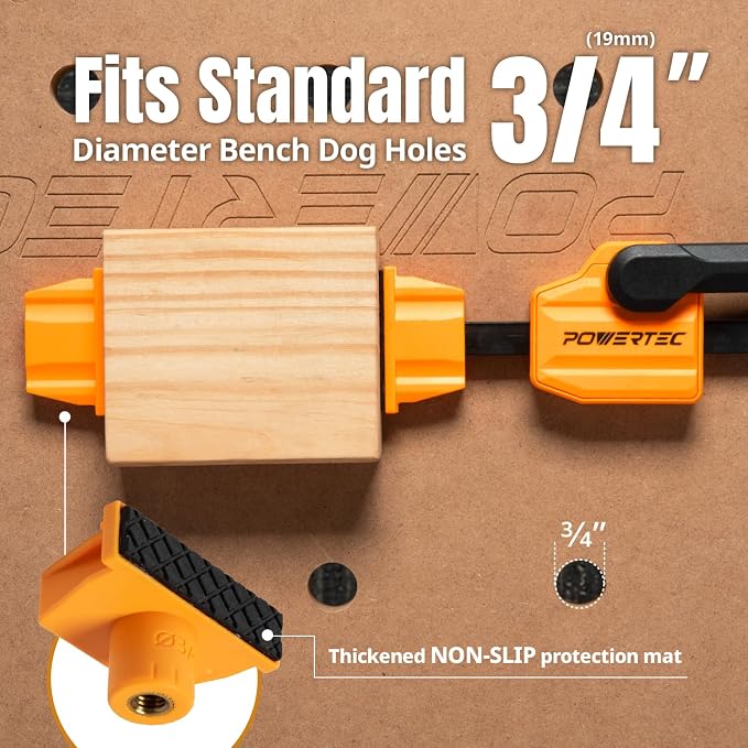 POWERTEC Bench Dog Clamp Set w/Quick Release Ratcheting Table Clamps for 3/4" Dog Holes and MFT/Guide Rail System (72242)