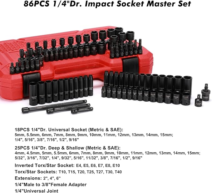 CASOMAN 1/4 Inch Drive Master Impact Socket Set with Adapters, U-Joint, Extensions & Torx Socket, 86-Piece, 6-Point, SAE/Metric, Standard/Deep, CR-V