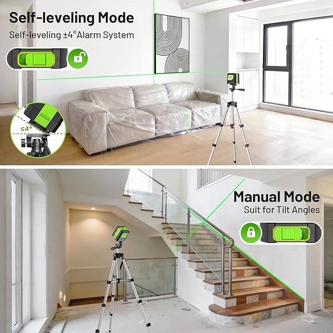 Huepar Laser Level with Tripod,100Ft Self Leveling Green Cross Line Laser for Picture Hanging, Tile, Decoration & DIY Construction – AA Battery&Picture Hanging Strips, Indoor Use