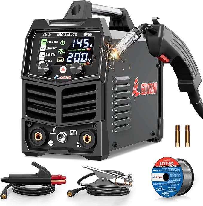GZ GUOZHI 145A MIG Welder, 3 in 1 Welders FLUX MIG/Lift TIG/ARC Multi-Process Welder, 110V Welding Machine, ‌Flux Core Welder with upgrade Large LCD Screen