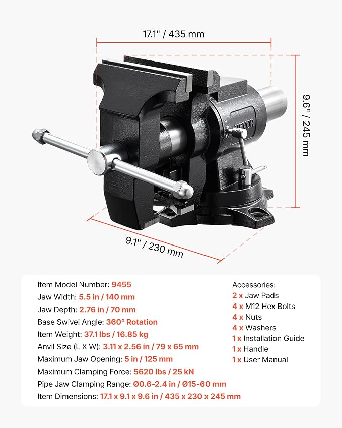VEVOR Heavy Duty Bench Vise, 5.5" Jaw Width, Double Swivel Rotating Multi-Purpose Bench Vise, with 360° Locking Swivel Base and Head, 2.76" Throat Depth, 5" Max Jaw Opening, for Drilling Pipe Cutting