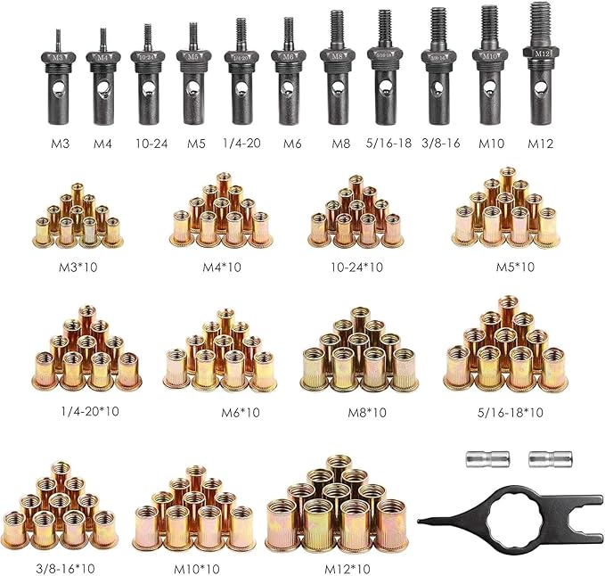 WETOLS 16" Rivet Nut Tool, Professional Rivet Nut Tool Kit with 11 Metric & Inch Mandrels M3 M4 M5 M6 M8 M10 M12, 10-24, 1/4-20, 5/16-18, 3/8-16, 110pcs Rivnuts and Blow Carry Case - WE-889