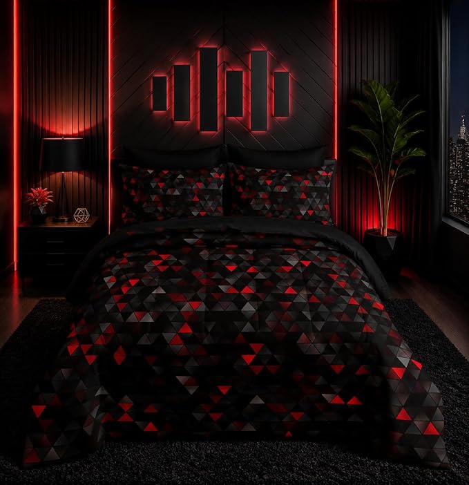 Nttopship Geometric Red Black Triangle Queen Size Comforter Set,Light Honeycomb Bedding Set 7 Piece in A Bag,Bed Sheet Set Geometry Decor,Microfiber Lightweight All Season
