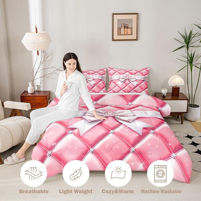 Feelyou Bow Comforter Set All Season Geometry Bowknot Bedding Set with 2 Pillow Cases Glitter Microfiber Kids Queen Bedclothes Bedroom Decor Duvet Quilt Breathable Soft Lightweight