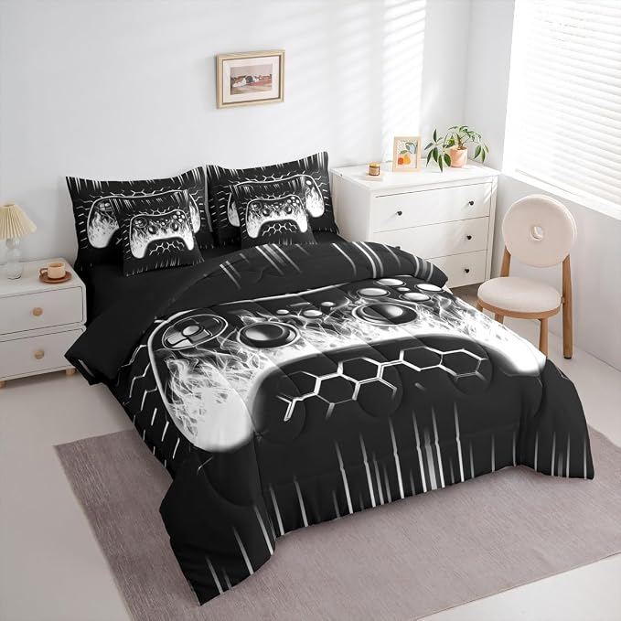 Erosebridal Boys Gaming Comforter Set 7 Piece Bed in a Bag Twin Ombre Art Honeycomb Bedding Set Grey Neon Lights Sheet Set Game Console Bed Set Geometric Hexagon Beehive Gaming Room Decor