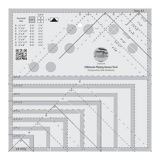 Creative Grids Ultimate Flying Geese Tool Quilt Ruler – CGRDH4 – Made in USA, 8-1/2in x 8-1/2in, Non-Slip Grip Acrylic Quilting, Sewing, Crafting, Patchwork Ruler & Template