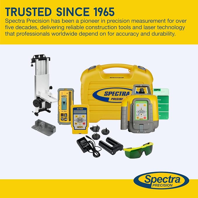 Spectra Precision HV1305GC Laser Kit with HL760U Receiver, RC402N Remote, M302 Wall Mount & Accessories — IP66, ±1.5 mm Accuracy, 1,200 m Range - Green Beam - Small Case