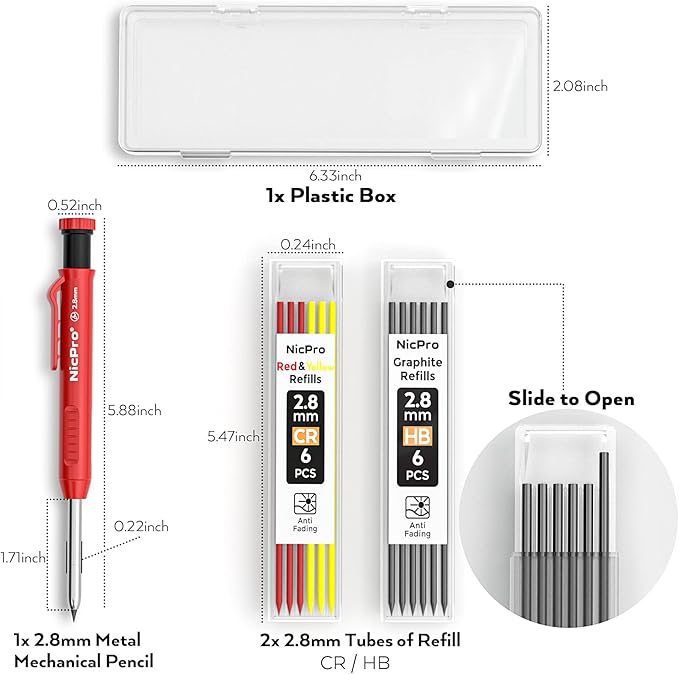 Nicpro 1 Pack Carpenter Pencil with Sharpener, 2.8 mm Mechanical Pencils with 13 Refills, Deep Hole Marker for Construction, Heavy Duty Woodworking Pencil, Carpenter Tools for Architect Marking
