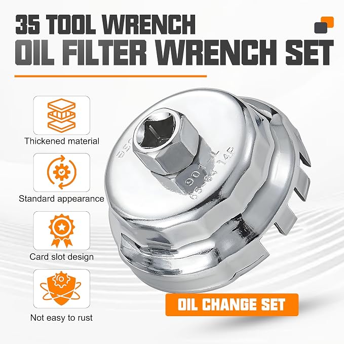 Auto Oil Filter Socket Wrench Set, Stainless Steel, 1/2 inch Drive | Cup Type Cap Removal Tool, Drain Plug Socket Set Included, Compatible with Car & SUV