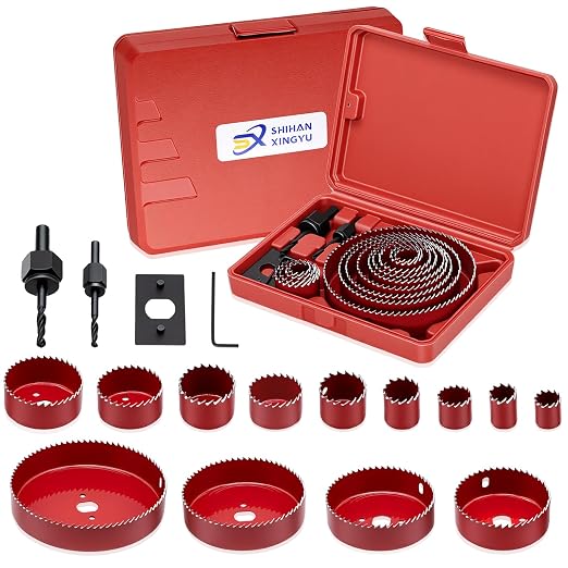 17-Piece Hole Saw Kit, Includes 13 Sizes (3/4" to 5"), Arbors, Drill Bits, and Hex Key, Ideal for Softwood, Plywood, and PVC(RED)