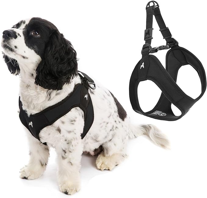 Gooby Escape Free Easy Fit Dog Harness, Step-in, Black, Medium | Patented escape-free frame; Contracts if they back out; Step-in easy on/off; Machine washable; Light POM leash ring