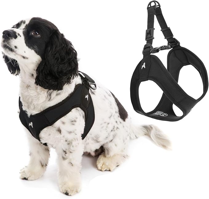 Gooby Escape Free Easy Fit Dog Harness, Step-in, Black, X-Small | Patented escape-free frame; Contracts if they back out; Step-in easy on/off; Machine washable; Light POM leash ring