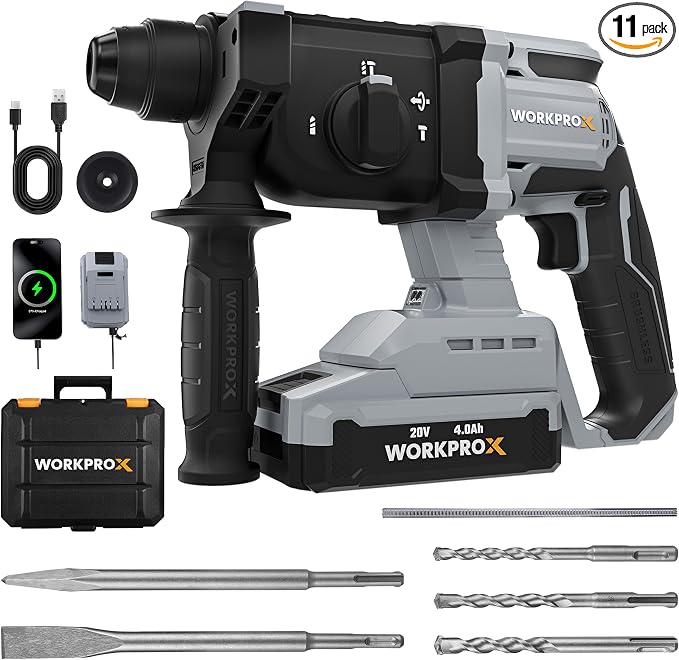 WORKPROX 20V Cordless Rotary Hammer Drill, 7/8" SDS-Plus, 2.0J Hammer Drill for Concrete with 4 Functions, Brushless Motor, 4.0Ah Battery & LED Light, Lightweight SDS Hammer Drill for Home Use