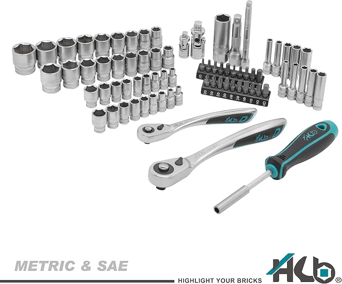 HB 74-Piece Mechanic Tool Set, Dual 3/8" & 1/4" Ratchet & Deep Socket Kit