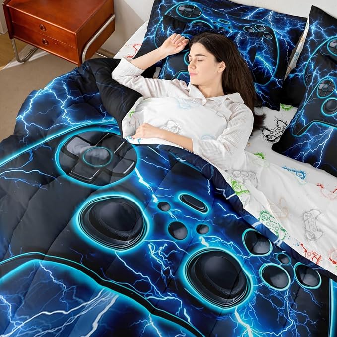 Erosebridal Gaming Comforter Set 7-Piece Bed in a Bag Twin, Gamer Bedding Sets Video Game Consoles Comforter and Sheet Set, Blue Lightning Room Decor,Gamer Room Decor for Boys