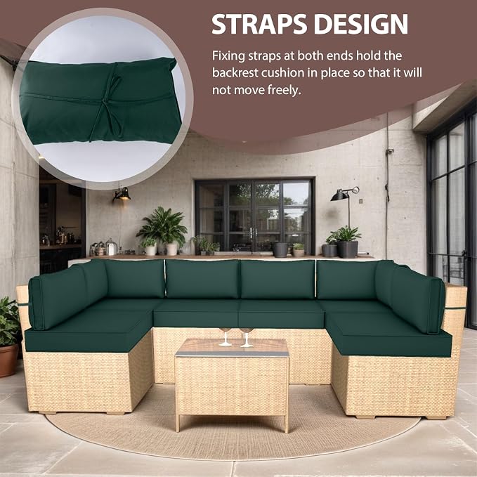 14 Piece Outdoor Furniture Replacement Cushions, Cover+Filling, 25.6" x 25.6" x 4" Foam Waterproof Outdoor Sofa Cushion Sets, Fit Wicker Rattan Sectional Conversation Set, Dark Green