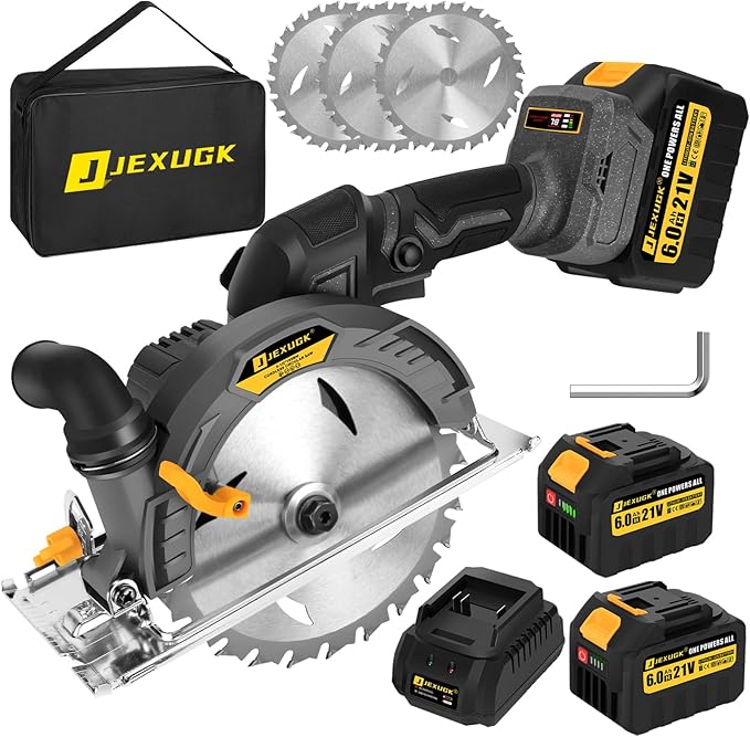 JEXUGK 6-1/2" Circular Saw, Cordless Sierra Circular Inalambrica with 2 x 6.0AH Battery,Brushless Electric Power Circle Saw with 3 Blade Cutting Precise Wood for Max Cut Depth 2-1/4"(90°)1-7/16" (45°)