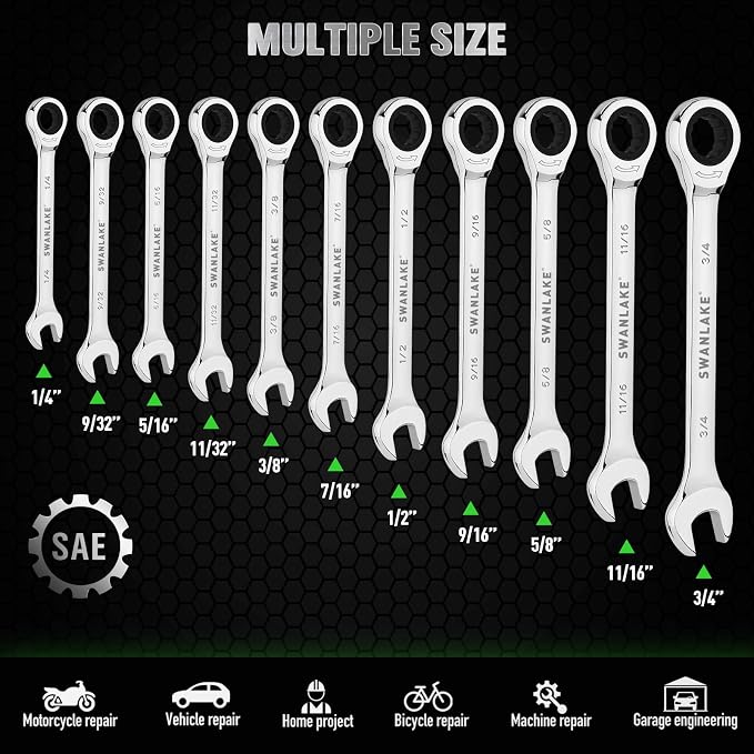 12-Piece Ratcheting Wrench Set, SAE 1/4 - 3/4 inch Ratchet Combination Wrenches Set, 12-Point 72-Tooth Ratchet Spanners with Magnetic Base Organizer, Chrome Vanadium Steel for Automotive Mechanic Tool