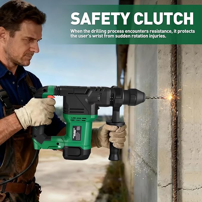 1-1/4 Inch Rotary Hammer Drill with SDS-PLUS Bits: 13Amp 7.0J Rotomartillo, SDS Hammer Drill for Concrete Demolition Chipping, 4 Functions, 6 Speed, 3 Drill Bits & 2 Chisels