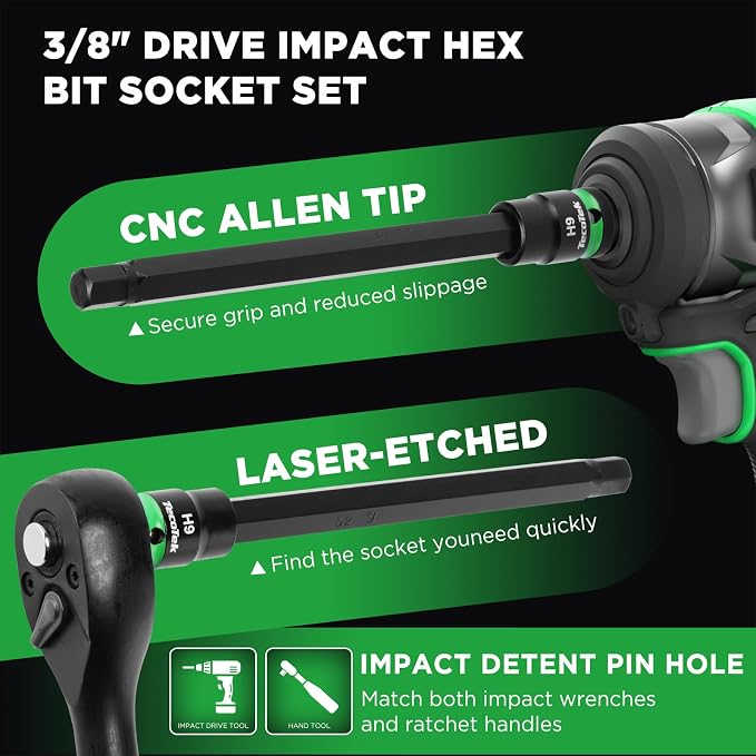 TecoTek 3/8" Drive Long Impact Hex Bit Socket Set, Allen Bit Sockets, 20PCS Allen Wrench Socket, SAE (1/8"-7/16”) and Metric (3MM-12MM), 6" Long CR-V & S2 Alloy Steel Hex Key Set