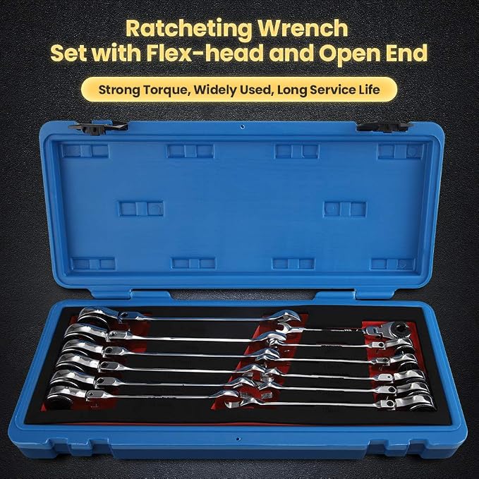 12PCS Metric Flex-Head Ratcheting Wrench Set8-19mm Combination 72 Teeth | 180° Open Flex-Head,Tubing Ratchet Design,Chrome Vanadium Steel,Durable Combination Spanner Set for Automotive Use