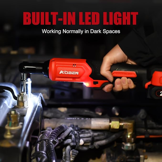 AOBEN 20V 3/8" Cordless Ratchet Wrench Kit, 60 Ft-lbs Brushless Electric Power Ratchet with Variable Speed, 2X2000mAh Lithium-Ion Battery, Charger, 8 Sockets, 1/4" Adaptors, 6" Extension Bar