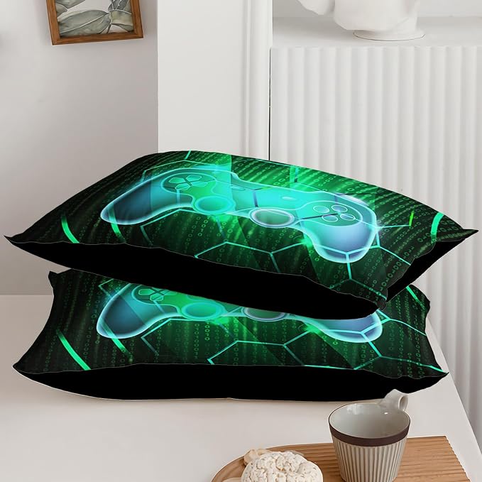 Axolotl Gaming Comforter Set Twin Size,Number Video Gaming Gamer Bedding Set,Boys Game Console Comforter Set,Geometry Hexagonal Bedding Set for Teens Men Adults,1 Quilt 2 Pillowcases,Green Black