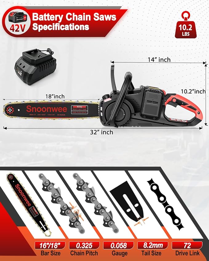 2100W Battery Powered Chainsaw for Storm Cleanup, 18 and 16-Inch Interchangeable Bars, 42V Max Cordless Electric Chain Saw with Two 4.0Ah Batteries for Backyard Tree Felling (Red Black)