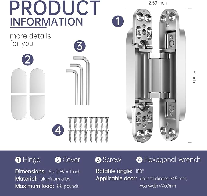 6" 2 pcs Hidden Hinges for Doors Invisible Hinges Concealed Zinc Alloy 180 Degree Swing 3 Way Adjustable Butt Silent Door Hinge 6 x 2.5 x 1 inch (Silver)