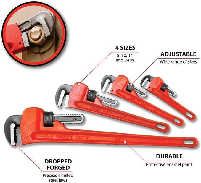 Performance Tool W1136 4-Piece Pipe Wrench Set, 8, 10, 14, 24 in. | Adjustable plumbing tool set. Drop-forged and precision milled steel jaws. Durable protective enamel paint