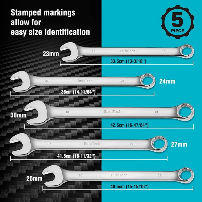 DURATECH Long Pattern Combination Wrench Set, Metric, 5-Piece, 23-30mm | 12 Point, CR-V Steel, With Pouch