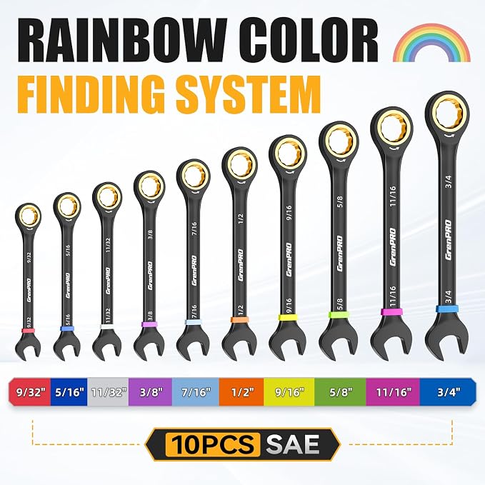 GRENPRO 11PC SAE Ratcheting Wrench Set 9/32" - 3/4" Combination Open End | Includes Bolt Gauge, Electro-Coated CR-V Steel, 72-Tooth 5Deg Swing 12Pt Color Rings, Roll Pouch for Auto & Home Repair