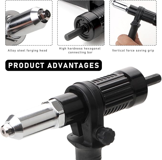 DXNQ Electric Rivet Nut Gun Riveting Tools, Metal Pop Rivet Gun Tool Rivet Drill Attachment with Non-Slip Handle, Efficient Cordless Riveter Adapter Kit Includes 4 Rivet Heads