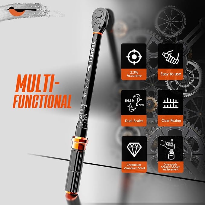 SUZUME 1/4 Torque Wrench (20-220 In.Lb/ 2.3-24.9 N.m) ±3% High Accuracy Torque Wrenches 72 Tooth Dual-Direction Adjustable Dual-Scales Inch Pound Torque Wrench for Bike