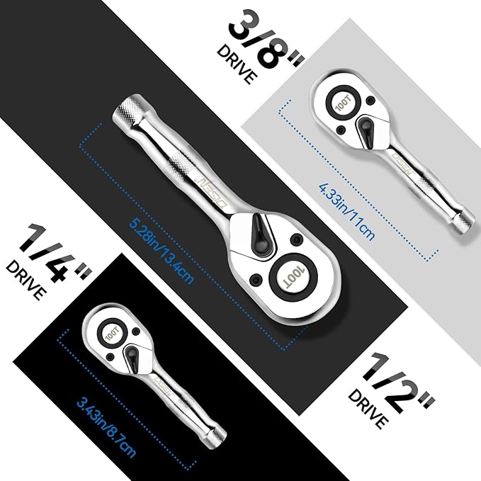 DISEN 3-Piece Stubby Ratchet Set – 1/4", 3/8", 1/2" Drive | 100-Tooth Ratchet with EVA Storage Tray | Quick Release Button | Non-Slip Grip | Reversible 3.6° Design for Tight Spaces, Chrome Finish
