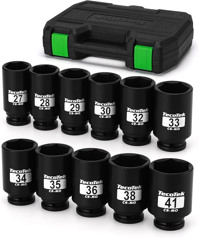 TecoTek 1/2" Drive Deep 6-Point Impact Socket Set, 11-Piece Deep Metric Spindle Axle Nut Impact Socket Set, Cr-Mo, 27mm - 41mm