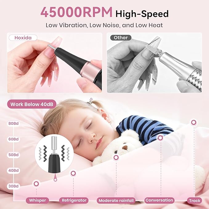 Professional Electric Nail Drill 45000RPM, Portable Nail File for Acrylic Gel Nails, Cordless Rechargeable Salon-Grade Ultra Power Nail Drill Kit for Shaping, Polishing & Removing Gel Nails,Black