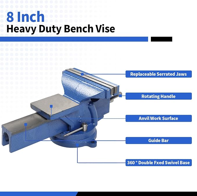 Nakkaa 8 Inch Heavy Duty Cast Iron Bench Vise 360° Swivel Lock Base