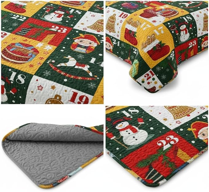 Merry Christmas Patchwork Quilt Set King - Santa Claus Snowman Socks Calendar Checkered Holiday Bedding Set - Soft Microfiber Lightweight Comforter Coverlet Bedspread(Calendar, King(90"x104"))
