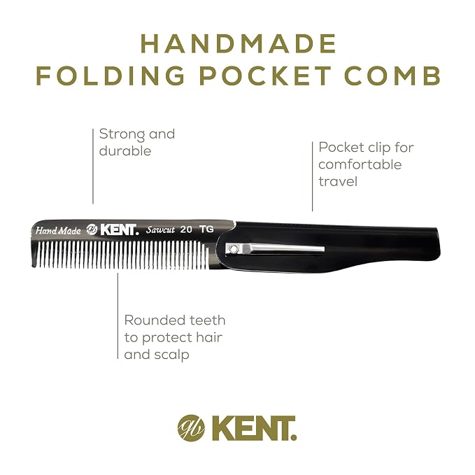 Kent 20T Black Graphite Handmade Folding Pocket Comb for Men, Fine Tooth Hair Comb Straightener for Everyday Grooming Styling Hair, Beard or Mustache, Use Dry or with Balms, Saw Cut, Made in England