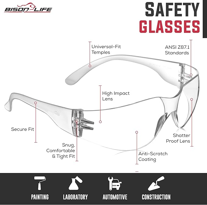 BISON LIFE Clear Safety Glasses – ANSI Z87.1 Scratch & Impact Resistant Wrap Around Eye Protection Goggles for Men & Women