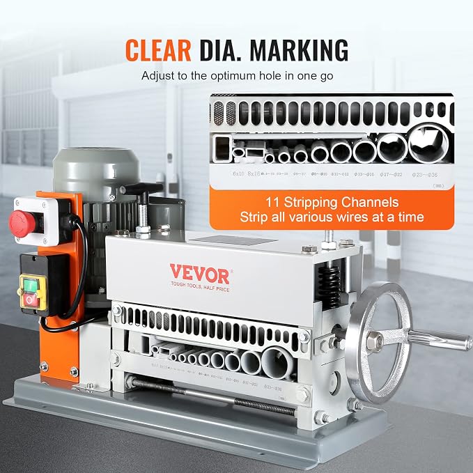 VEVOR Electric Wire Stripping Machine, 0.06''-1.42'' Automatic Wire Stripper Machine, 370 W, 88 ft/min Wire Stripper with An Extra Manual Crank, 11 Channels Electric Wire Stripper, Copper Stripper