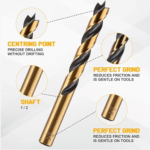 29Pcs Brad Point Drill Bit Set, Titanium Coated HSS Wood Drill Bits for Hardwood & Softwood, Full Ground with Self-Centering Tip (1/16-1/2 Inch, 1/64 Inch Increment) & Storage Case