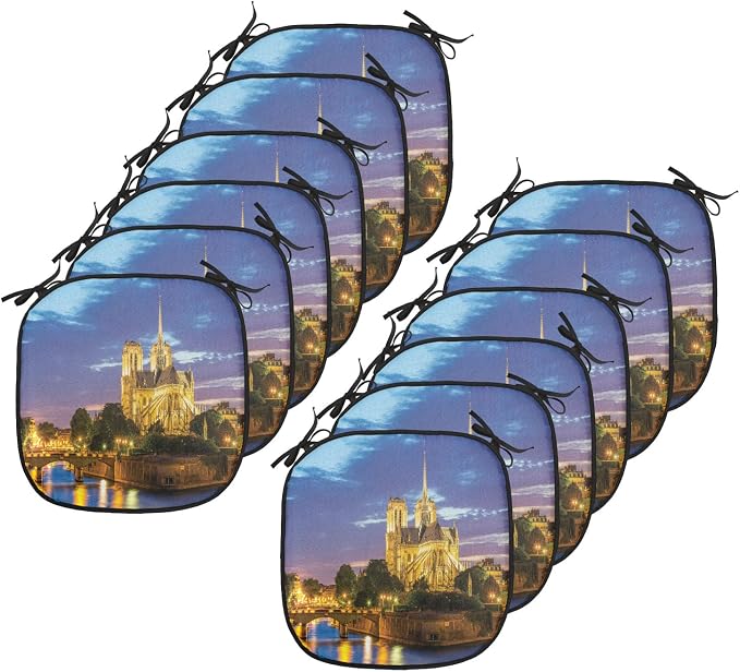 Lunarable Paris Chair Cushion Pads Set 12, Notre Dame at Dusk Paris France Riverside Scenery Water Reflection, Anti-Slip Seat Padding for Kitchen & Patio, 16"x16", Yellow Brown Blue
