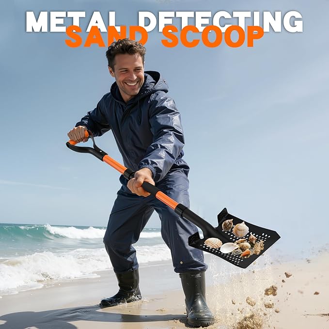 Beach Sand Scoop Shovel 42'' for Metal Detecting, Long-Handle Sand Sifter with Ergonomic D-Grip, Twist-Lock Design & Wide Step for Coin & Treasure Recovery