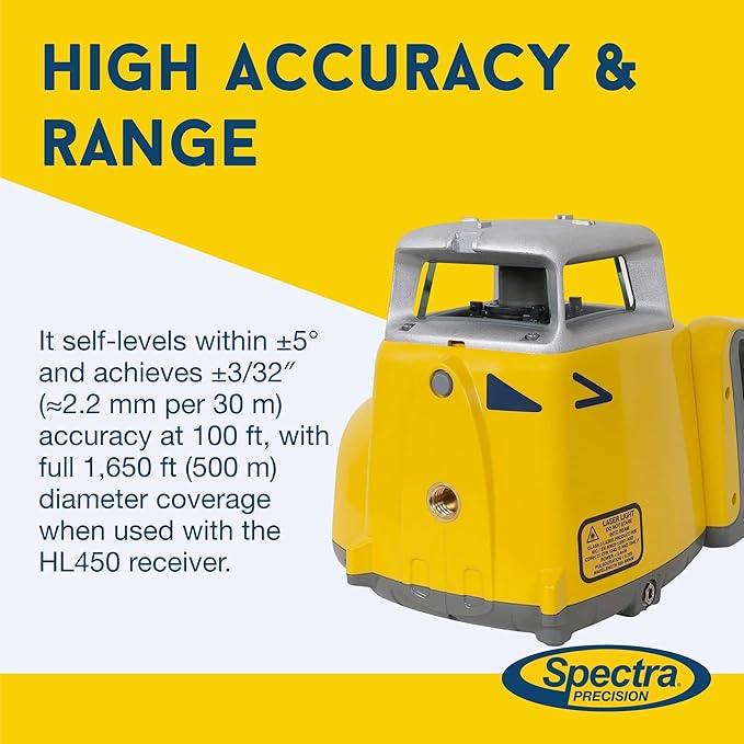 Spectra Precision LL300N-4 Self-Leveling Rotary Laser Kit with HL450 Receiver, Professional - Small Case - Rechargeable — IP66, Class 2, ±3/32″ Accuracy, 1,650 ft Range