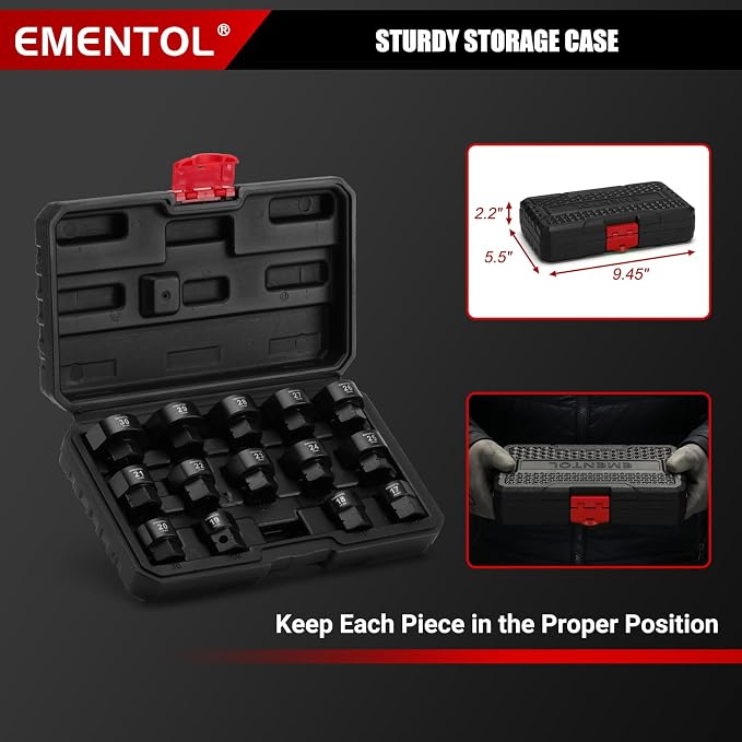 EMENTOL 1/2" Drive Low Profile Impact Socket Set, 14 Pieces Stubby Nano Sockets, CR-MO, Metric, 17mm -30mm
