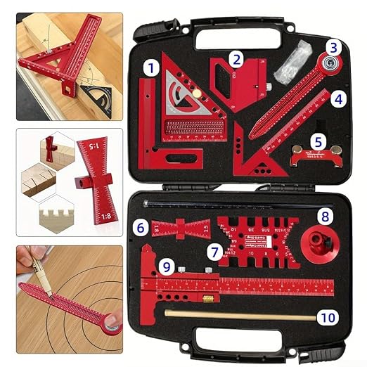 Aluminium Woodwork Measuring and Scribing Tool Set - 9 Piece Precision Kit for Carpentry and DIY Projects with Storage Box(9 Pieces.)